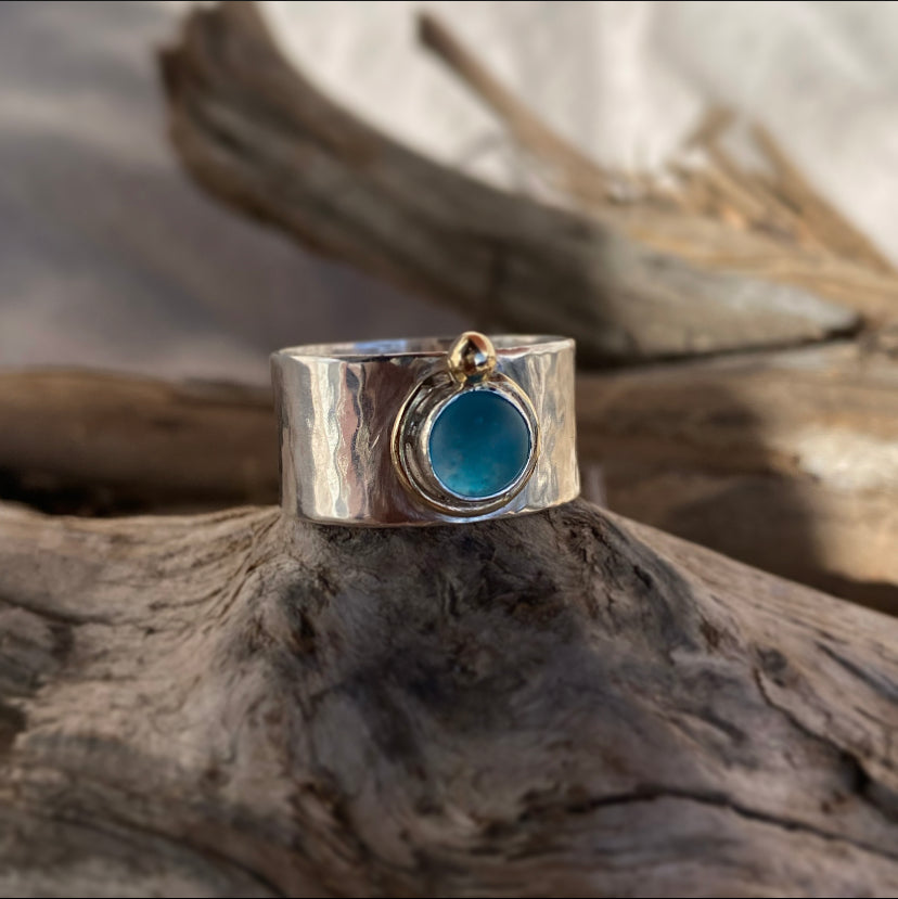 Blue beach glass ring (silver and 14k gold) (Size 8)