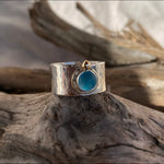 Load image into Gallery viewer, Blue beach glass ring (silver and 14k gold) (Size 8)
