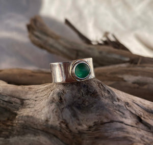 Green beach glass ring (silver and 14k gold) open back (Size 6.5)