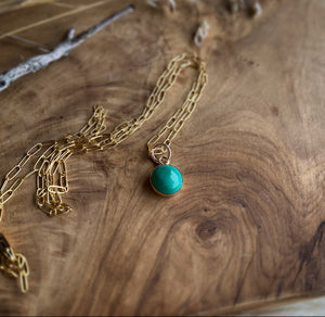 Mini Round Turquoise Pendant with Elongated Oval Gold Filled Chain